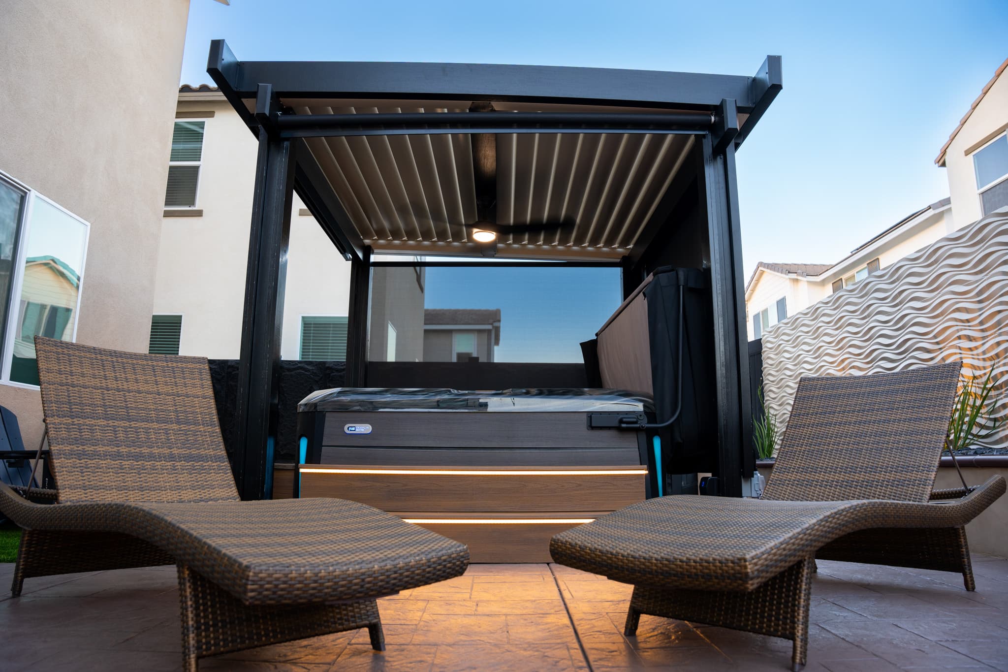 backyard design with fire pit, lounge area, jacuzzi, etc.