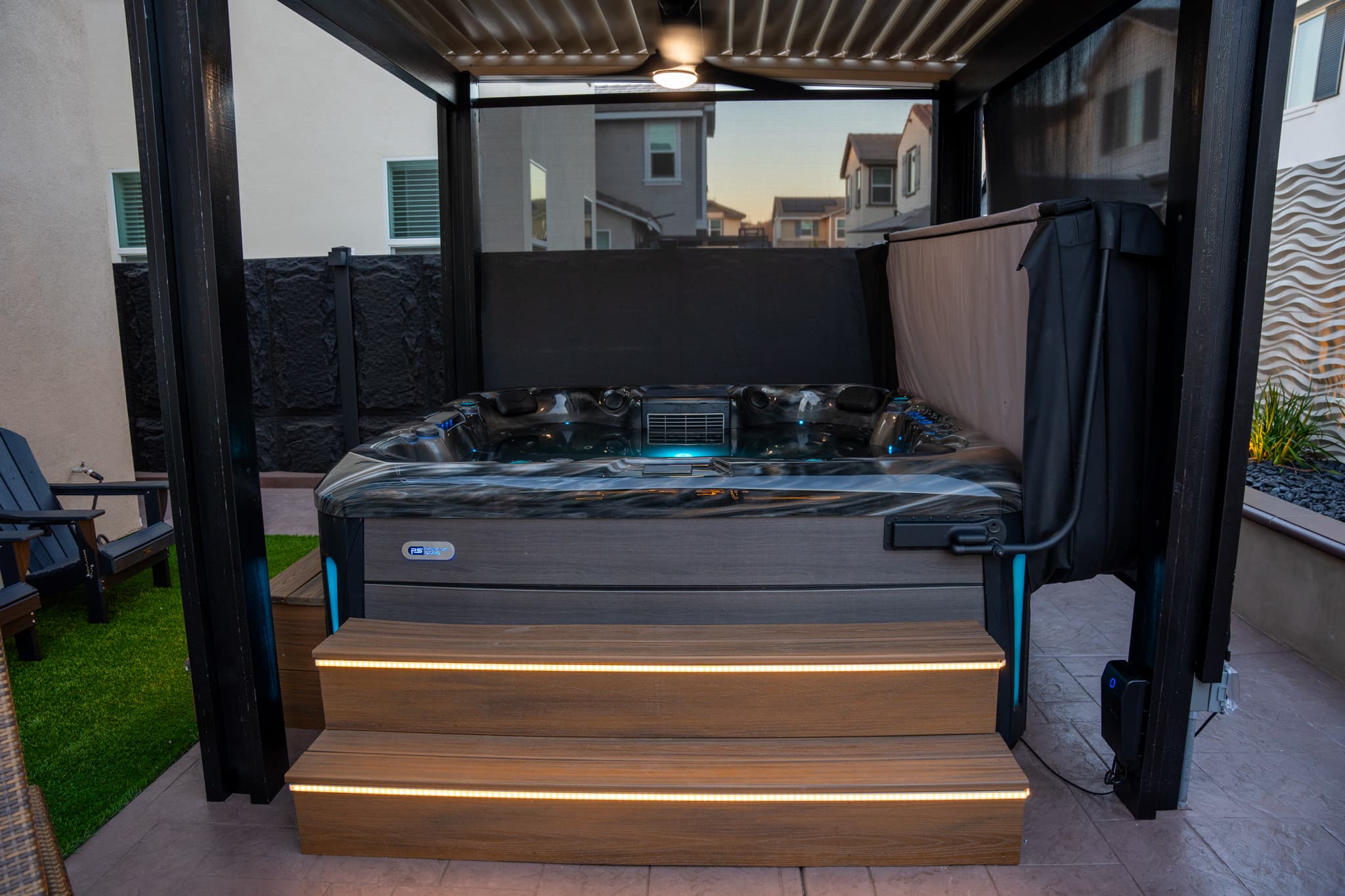 backyard design with fire pit, lounge area, jacuzzi, etc.