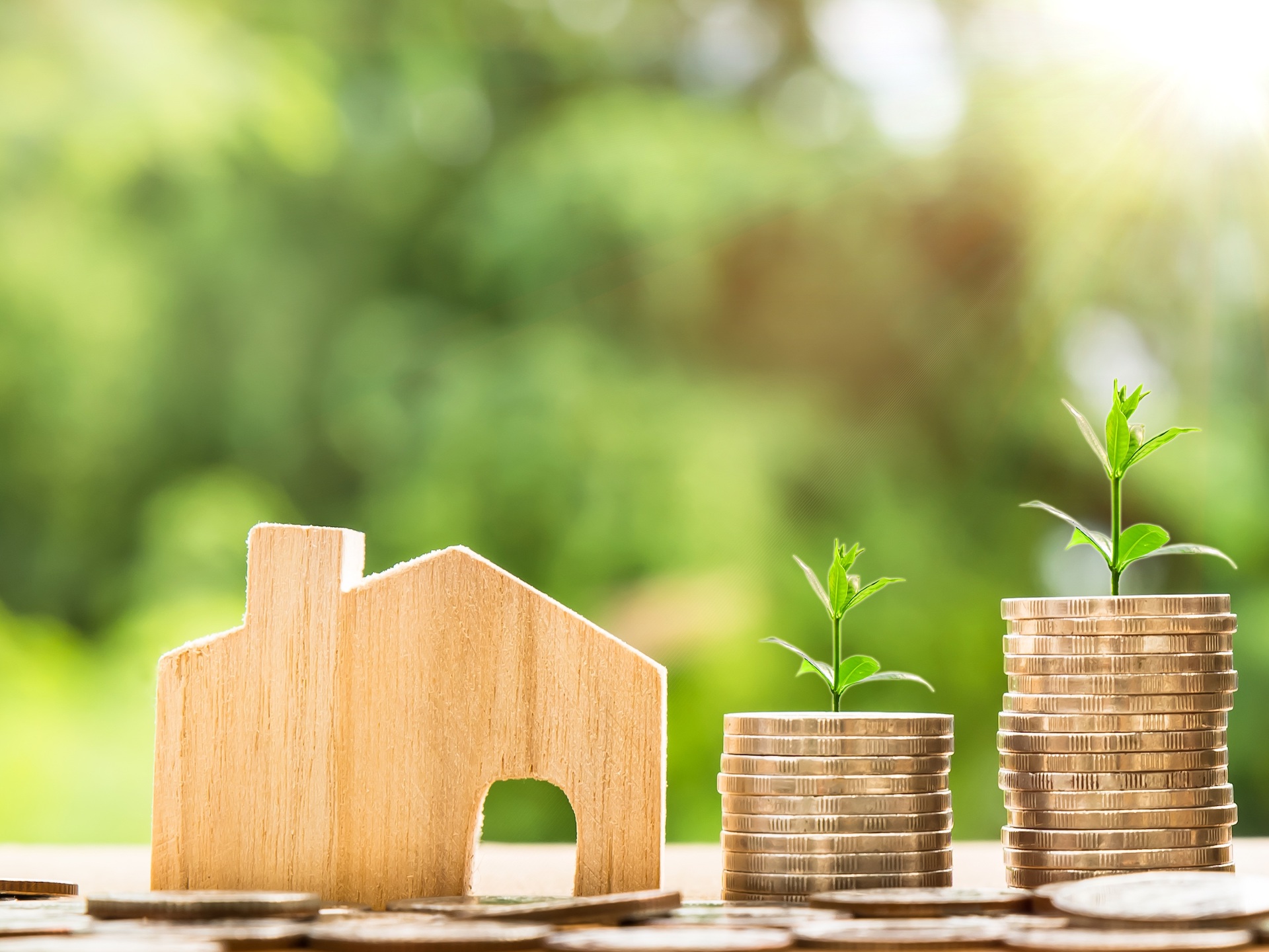 money stacked higher with a plant and a house symbolizing increased value from a remodel
