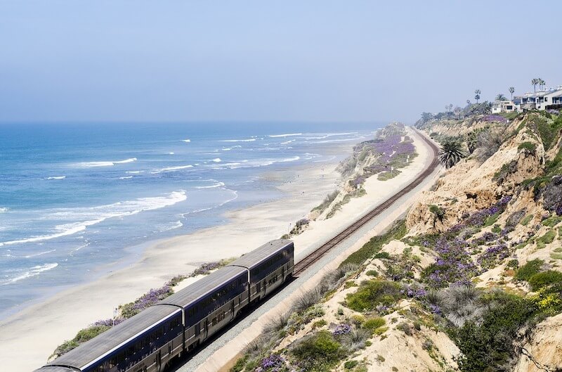 Train going by coast in Del Mar