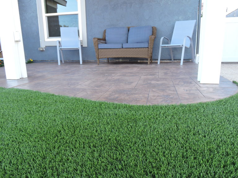 Artificial Turf Stamped Concrete to Patio