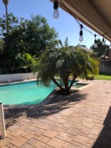 Brick paving stones around a pool deck