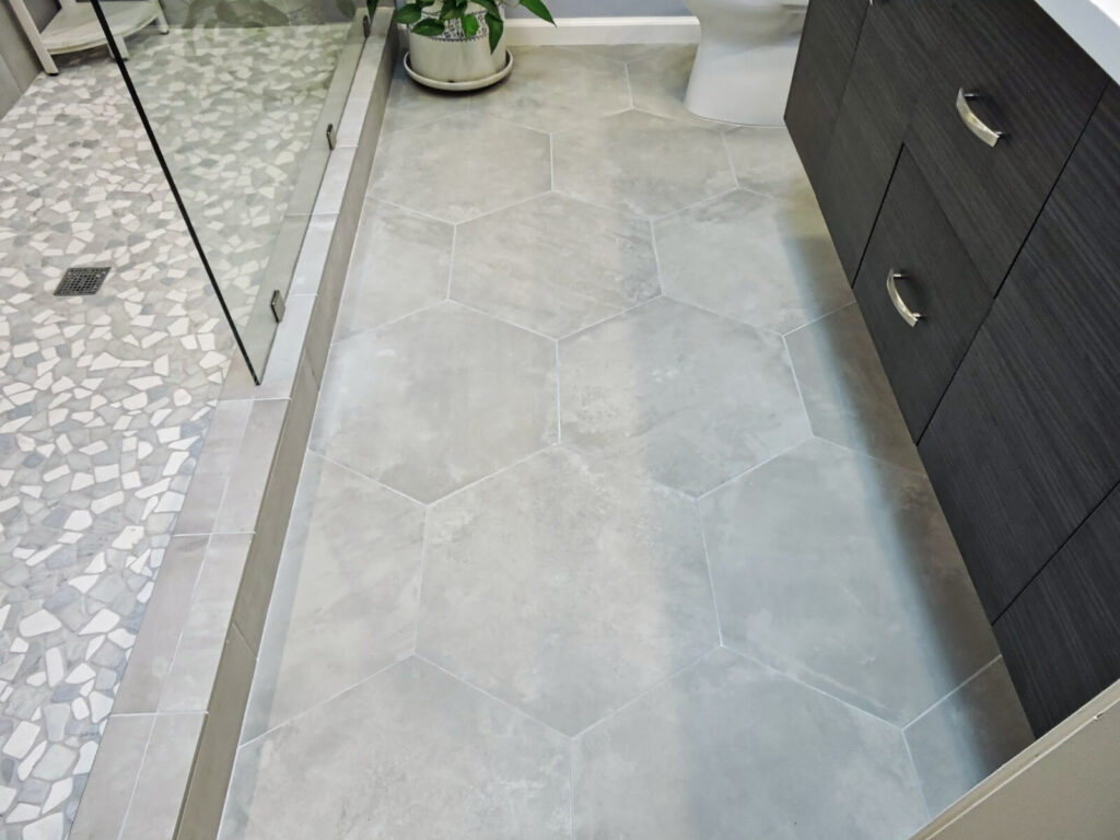 Rancho Penasquitos Bathroom Remodel Grey Hexagon Floor Tile