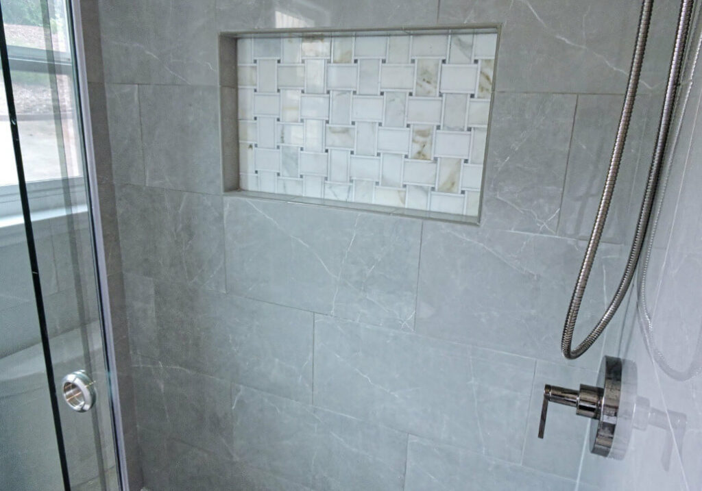 bathroom with grey color scheme