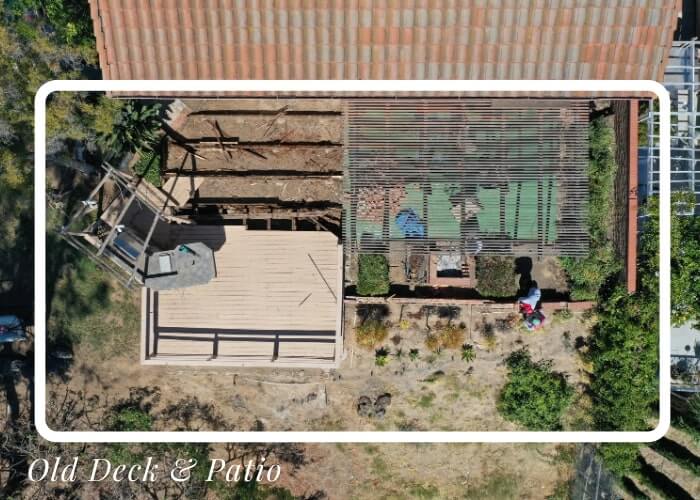 fireplace with stamped concrete and custom garden wall arial view before 2