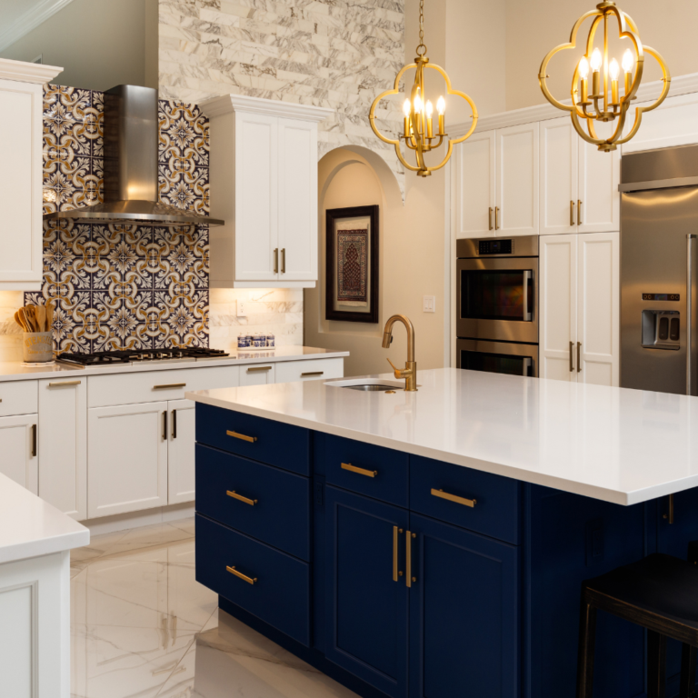 Modern kitchen with blue cabinets